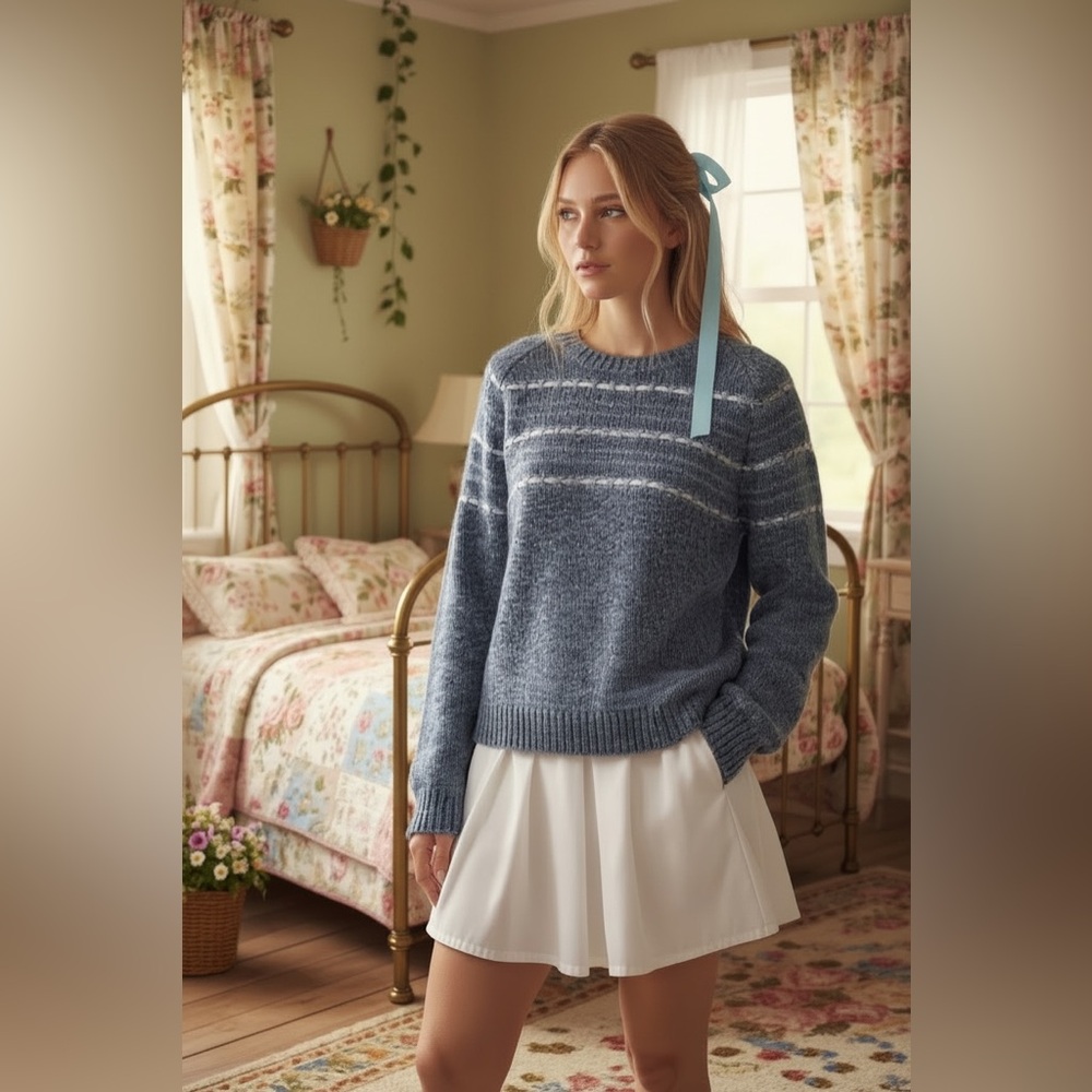 Women's handmade sold knit sweater with ribbons Blue Striped Sweater